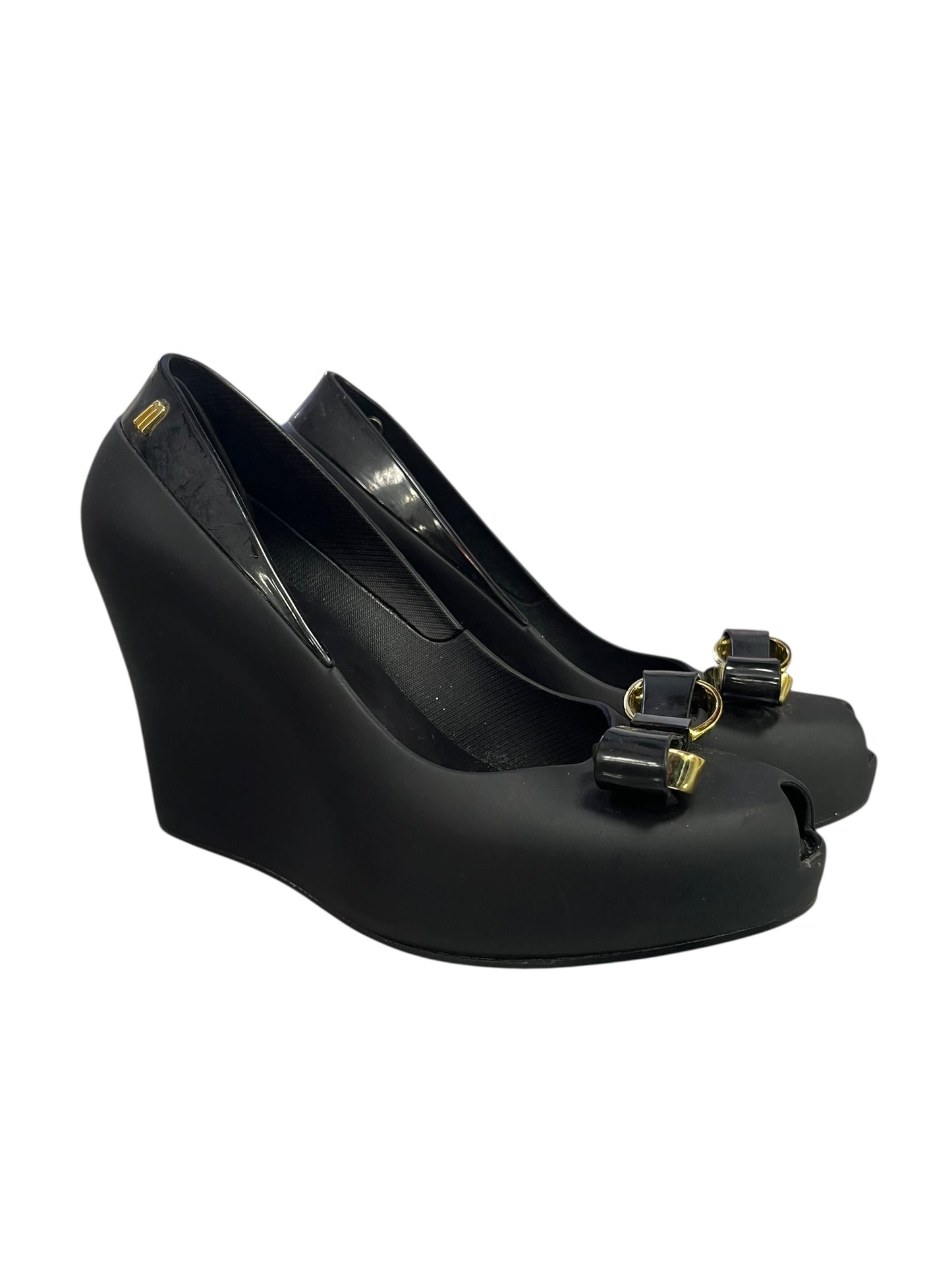 MELISSA GOLD & BLACK BOW WEDGES sz 7
