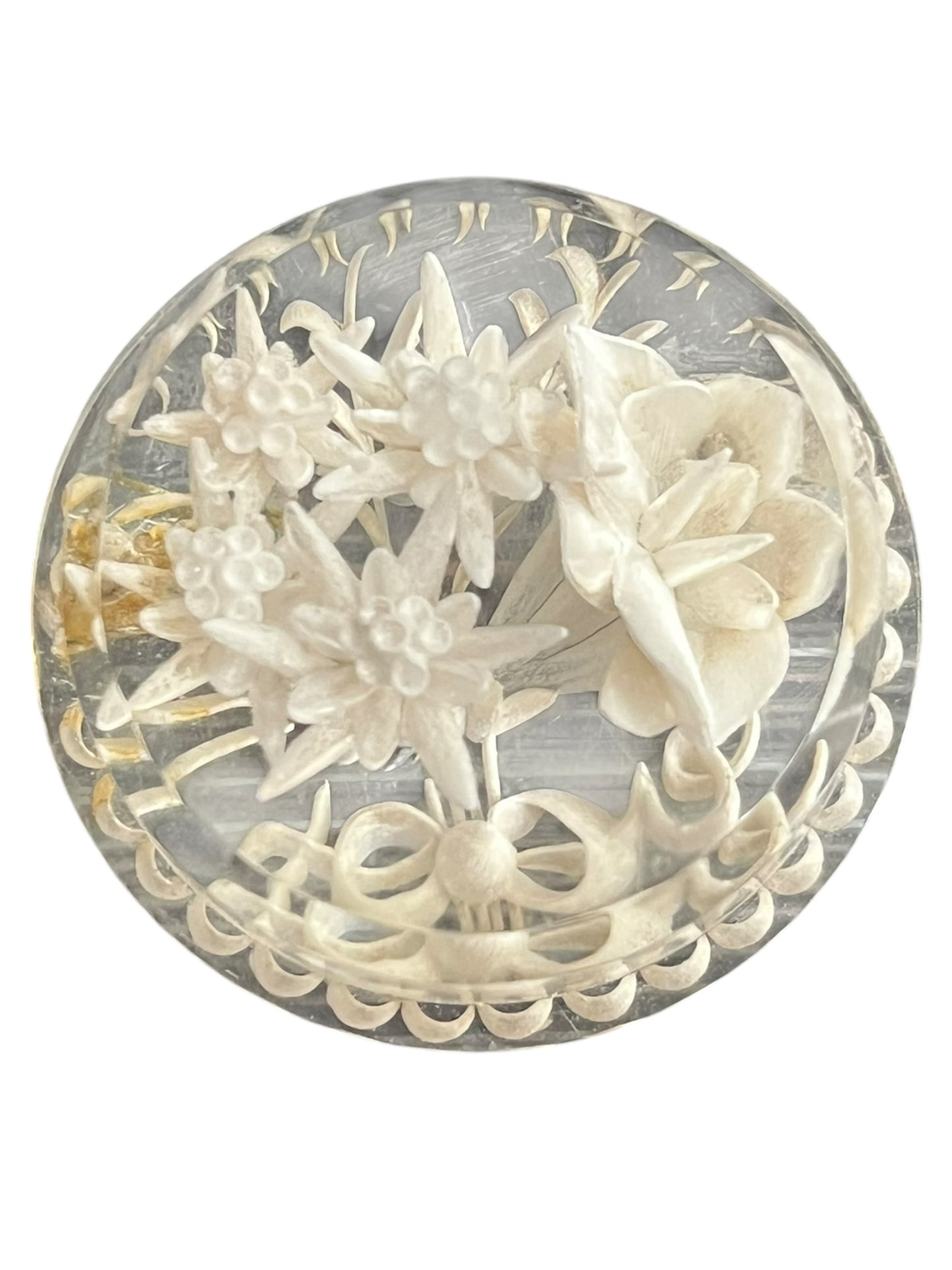ROUND PAPER FLOWERS LUCITE BROOCH