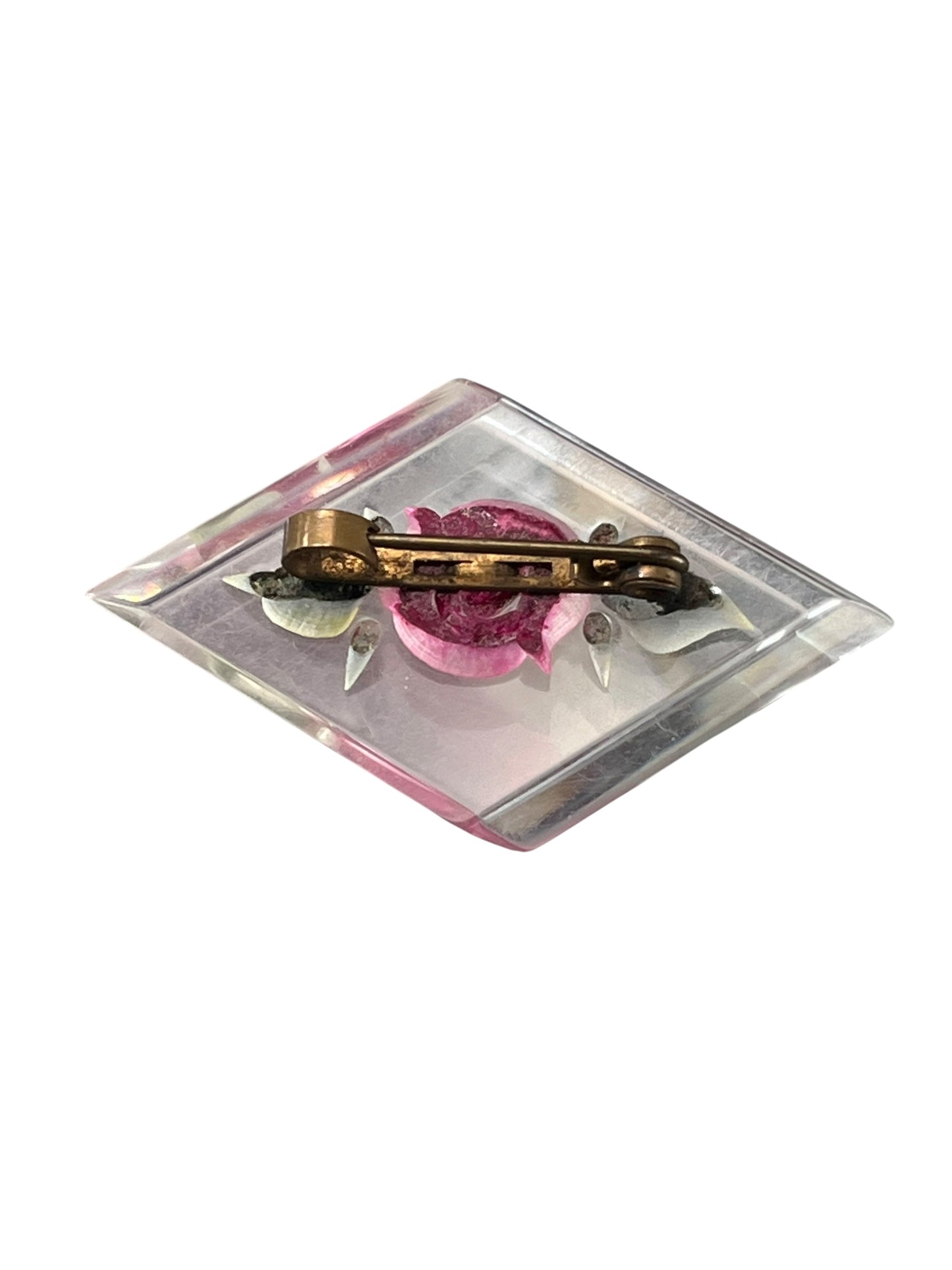 DIAMOND PINK ROSE LUCITE BROOCH