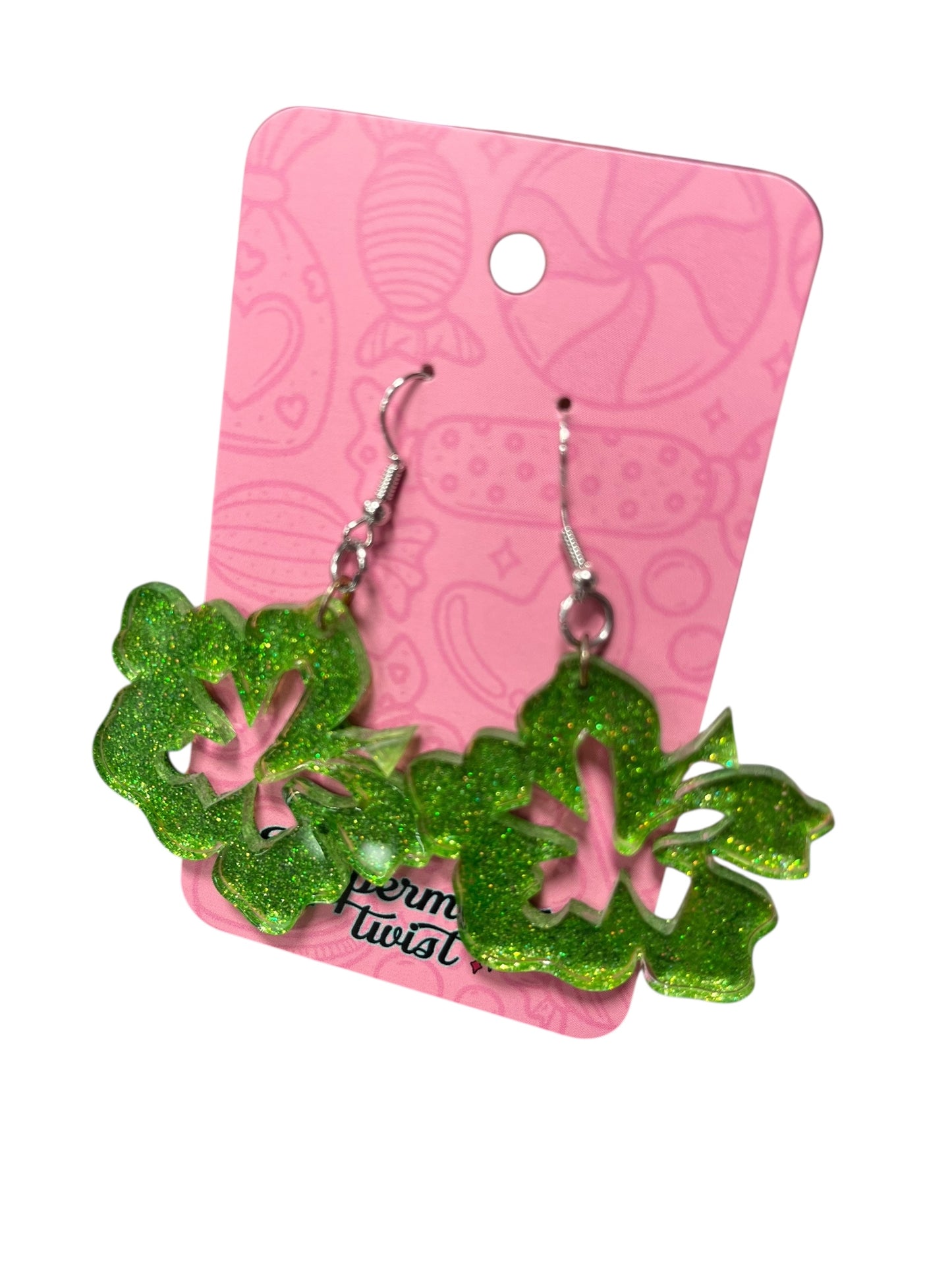 GREEN HIBISCUS GLITTER EARRINGS