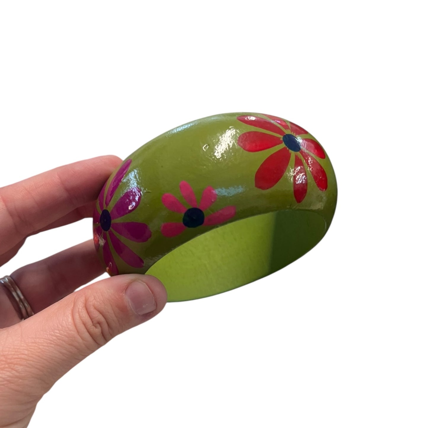 PAINTED GREEN & FLORAL WOOD BANGLE