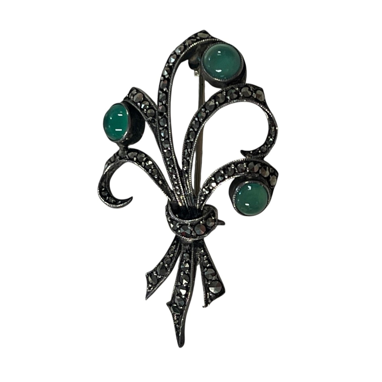 GREEN STONE & MARCASITE BROOCH