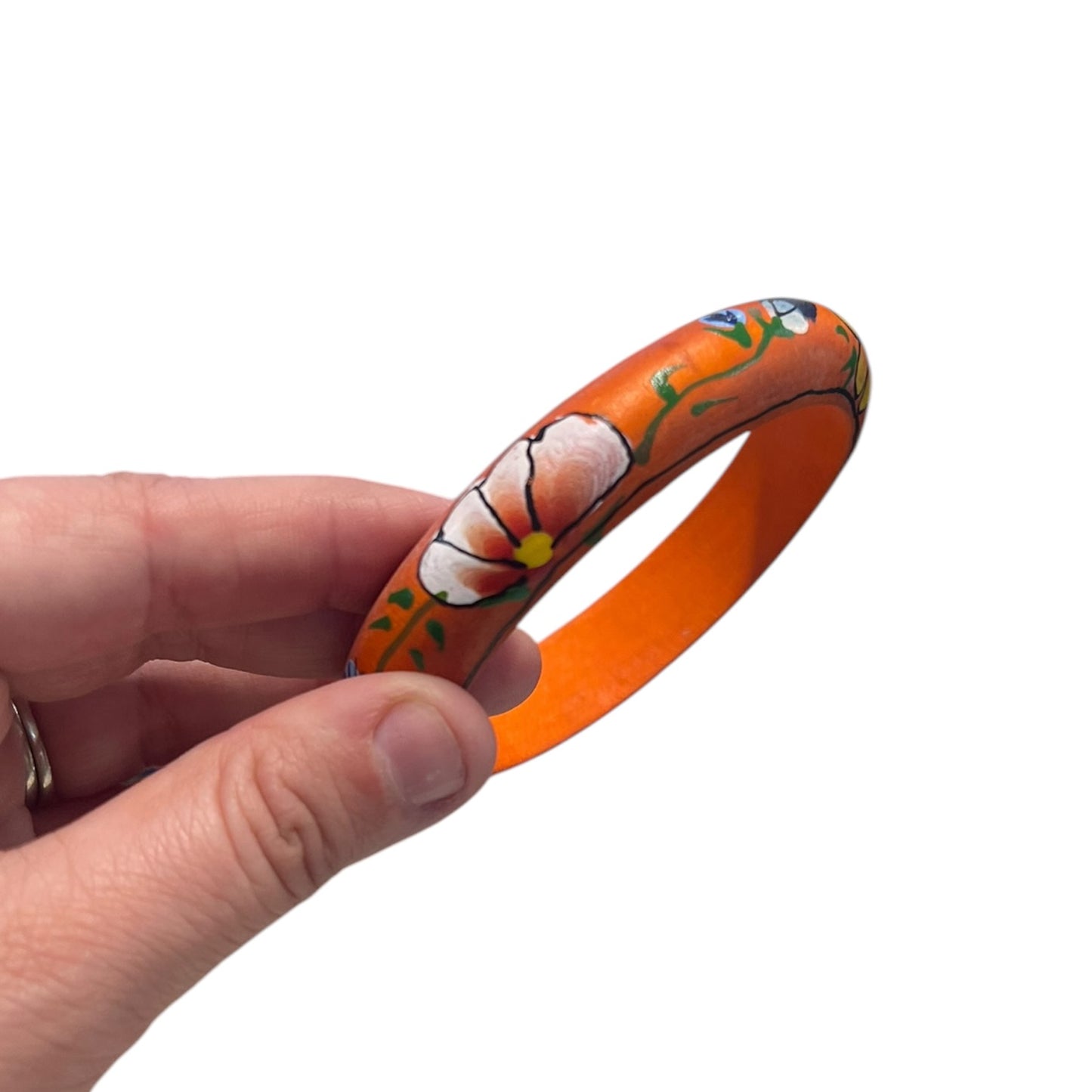 PAINTED ORANGE & FLORAL WOOD BANGLE