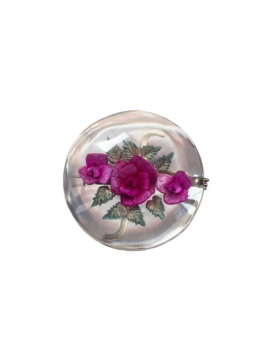 ROUND FUSCHIA ROSE LUCITE BROOCH