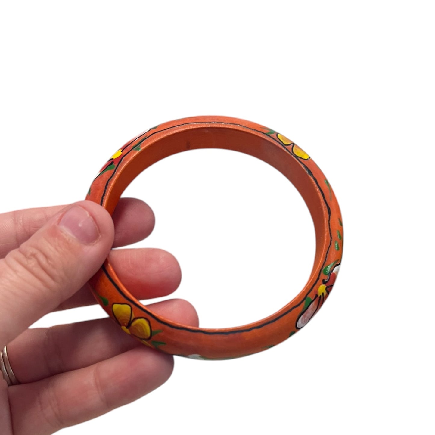 PAINTED ORANGE & FLORAL WOOD BANGLE