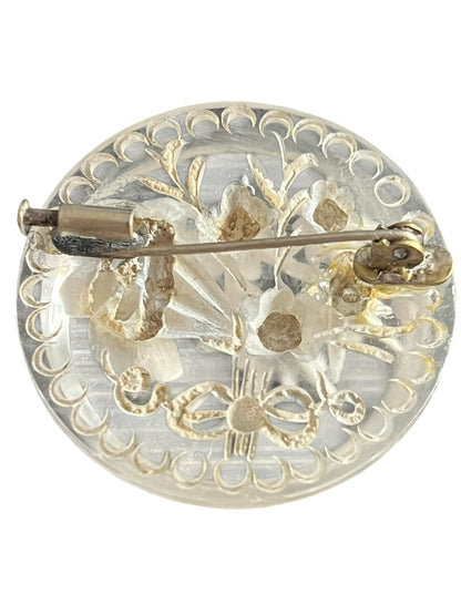ROUND PAPER FLOWERS LUCITE BROOCH