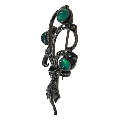 GREEN STONE & MARCASITE BROOCH