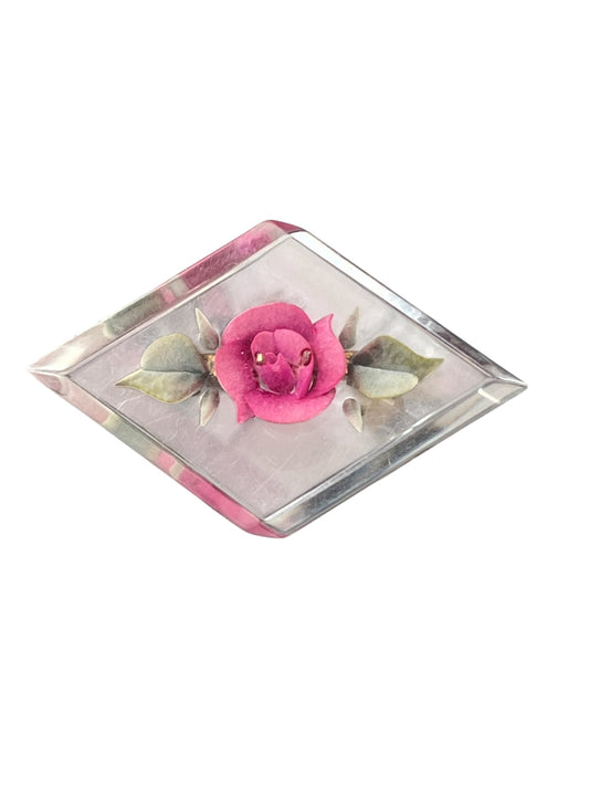 DIAMOND PINK ROSE LUCITE BROOCH