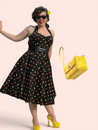 BLACK RED & YELLOW POLKADOT DRESS | S