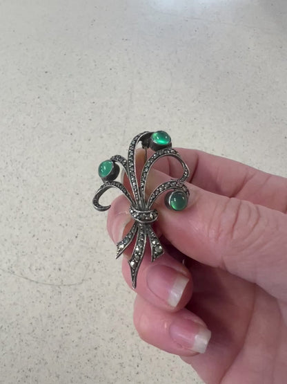 GREEN STONE & MARCASITE BROOCH