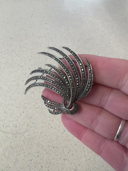 FEATHER SPRAY STERLING MARCASITE BROOCH