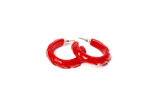 RED HEAVY CARVE HOOP EARRINGS